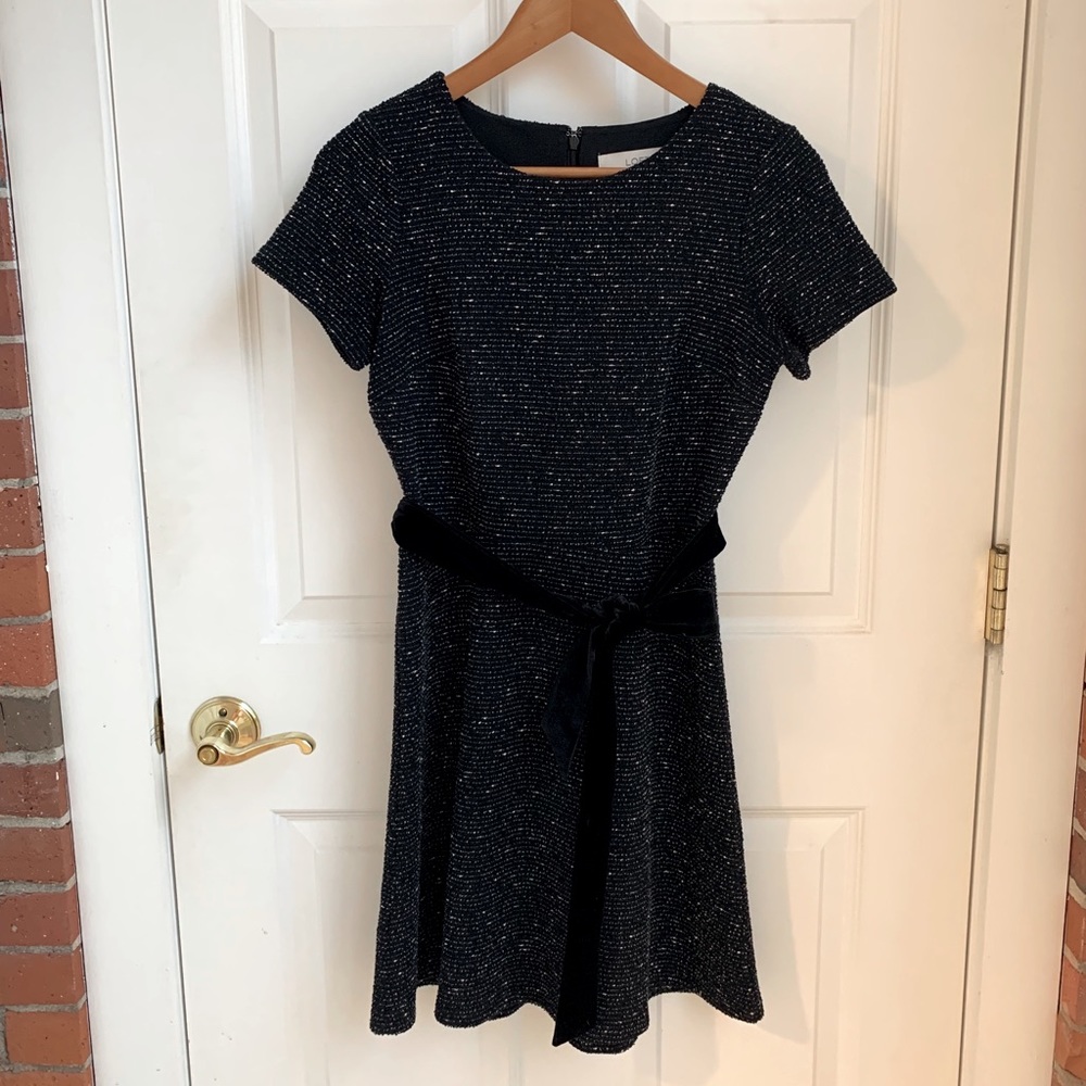 Bouclé LOFT Dress w/Velvet Sash, Size 0